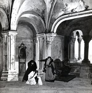 Act IV, Scene 2 of Pelleas et Melisande by Debussy (from a photograph of the first production in April, 1902 of the opera at the Opera-Comique in Paris, illustration in Theatre magazine, June, 1902)