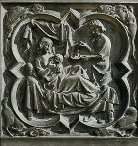 Adam preparing food as Eve, in bed, nurses a child by French School