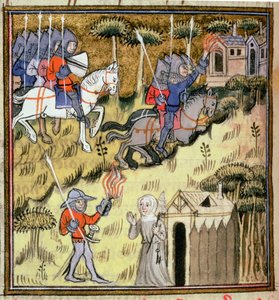 Cavalry setting light to buildings with flaming torches; a nun protecting her abbey from a soldier, c.1380