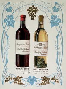 Advertising for the sale of Margaux-Bijon and Sauternes-Bijon wine, 25frs for 12 bottles, 50frs for 25
