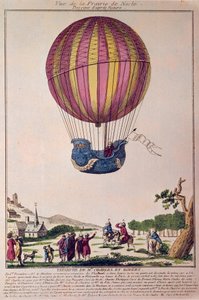 Aerostat: the second attempt to fly on a balloon. Charles and Robert descend on the Prairie de Nesle, near Paris, after a trip on a hydrogen gas balloon on 01/12/1783 by French School
