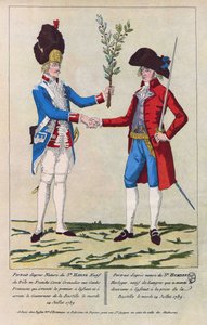 After nature portrait of Sieur Harne, Grenadier and Sieur Humbert, watchmaker. They were the first men to be attacked during the capture of the Bastille on 14 July 1789. Engraving from 1790 by French School
