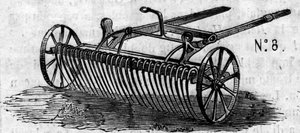 Agricultural machine: an English horse rake presented at the Paris agricultural competition in 1860. Engraving in Le Monde Illustré n°169 of 7 July 1860.