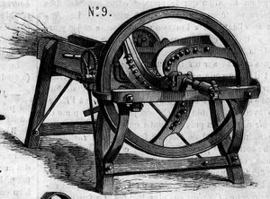 Agricultural machine: an English straw axe presented at the Paris agricultural competition in 1860. Engraving in Le Monde Illustré n°169 of 7 July 1860.