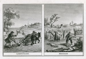 Agricultural scenes of ploughing and harvesting by French School