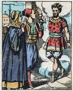 Aladin and his mother rubbed the magic lamp and made the genie appear. Engraving of the tale of Thousand and One Nights Aladin and the Wonderful Lamp. Epinal imaging, late 19th century. Private collection by French School