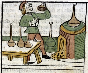 Alchemist - in "Les propriétaires des choses both corporelles et spirituelles" (book XVIII) by Glanville, Lyon by French School