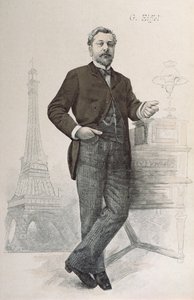 Alexandre Gustave Eiffel posing by his desk with a drawing of the Eiffel Tower, illustration from La Revue Illustrée, 1888