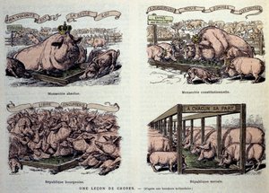 Allegories of the different types of government: the absolute monarchy, representing a well-fed pig and crowns 