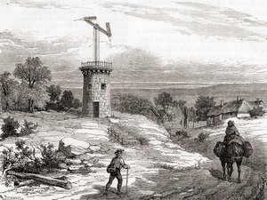 An aerial telegraph post in the 18th century, from Les Merveilles de la Science, published c.1870 by French School