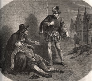 An emissary of the King of France Henry III (1551-1589) was found dying in the streets of Rome in 1582. He carried a compromising message from the king concerning his sister, Marguerite de Valois (1553-1615), known as Queen Margot. Engraving from 1871 in 