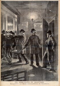 Anarchists in England. The police raiding the Autonomy Club in London. Anarchists in England. Police at the London Autonomist Club. Illustration for Le Petit Journal, 5 March 1894