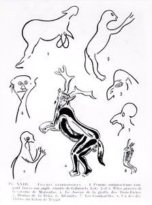 Anthropoid figures in prehistoric caves, from Les Artistes Prehistoriques by Morin-Jean by French School