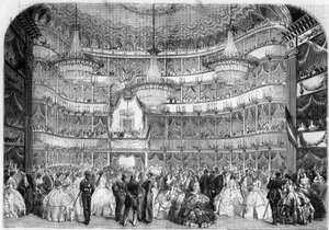 Architecture: interior view of the Royal Theatre (19th century) in Nice (Alpes Maritimes, 06), in 1858, during the charity ball given by the Societe francaise d