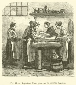 Silvering of a mirror by the Drayton process (engraving) by French School