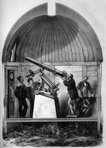 Astronomy: French astronomical bezel transported to Yokohama (Japan) to observe the planet Venus passing by the Sun. Engraving in 