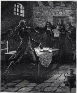 Attempted suicide of Marquis Thomas Arthur, Baron de Tollendal, Count of Lally (1702 - 1766), French general of Irish origin at the time of the announcement of his death sentence for treason by the Paris parliament in 1766. Engraving of the 19th century. by French School
