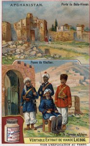 Bala-Hissar Gate in Afghanistan and Soldiers of the Afghan Army at the Khyber Pass. Advertising Chromolithography of the 19th Century