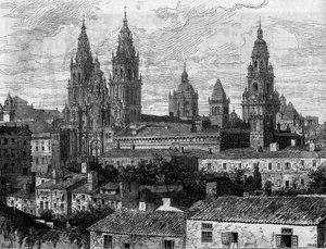 Baroque Art: View of the Cathedral of Santiago de Compostela, Spain - Engraving in 