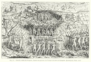 Battle Against the Iroquois; after an Engraving from the Voyages of Sieur de Champlain, Xaintongeois, Paris by French School