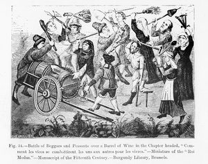 Battle of Beggars and Peasants over a Barrel of Wine, from the Book of King Modus, illustration from Science and Literature in the Middle Ages and the Renaissance, written and engraved by Paul Lacroix