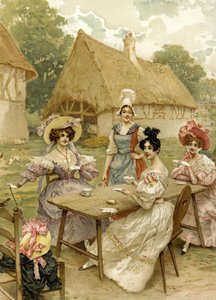 Beautiful rich women taking tea at a farm by French School