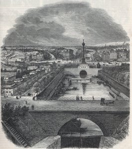 Bird view of the Canal Saint-Martin (Saint Martin), the Place and the Bastille district, taken from the right bank of the Seine - Engraving in 
