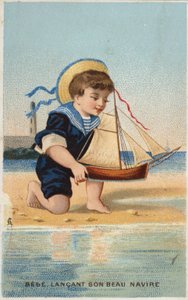 Boy Playing with Toy Sailing Boat by French School