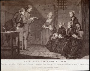 Calas affair: The unfortunate family of Jean Calas (died 1762): the mother, the two daughters, with Jeanne Viguiere, their good servant, the son and his friend, c.1762 by French School