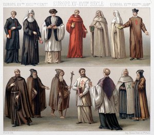 Canons of the Holy Sepulchre in Poland. Top: 17th and 18th century costumes. Bottom: costumes from the old period by French School