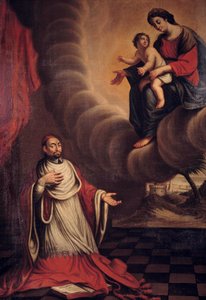 Cardinal Berulle kneels before the Virgin by French School