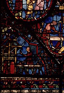 Carpenters at work, detail from the Life of St. Julian the Hospitaller window in the north ambulatory by French School