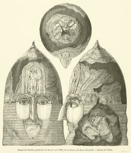 Helmet of Jaroslav, Grand Duke of Russia around 1238, seen from above, front and profile (engraving) by French School
