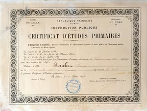 Certificate of Primary Education, Academie de Lille, 1898 by French School