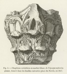 Corinthian Capital in White Marble from the Merovingian Period, Found in Excavations at Place du Parvis, 1847 by French School
