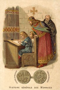 Charlemagne watching children writing at school by French School