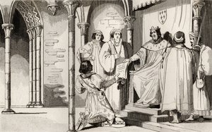 Charles IV the Handsome receives a plea at court, from 