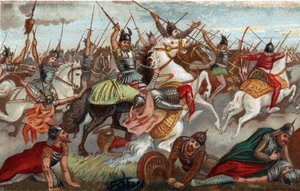Charles Martel arresting the Muslims at the Battle of Poitiers in 732. Chromolithography of the 19th century. by French School