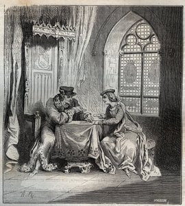 Charles VI and Odette de Champdivers - King Charles VI of France, known as Charles the Good Aime, then Charles the Fol with his mistress Odette de Champdivers playing cards engraving in 