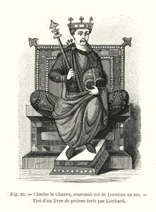 Charles the Bald, crowned King of Lorraine in 860, from a prayer book written by Liuthard by French School