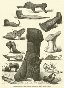 Shoes Exhibited at the Historical Costume Museum, 1874 (engraving)