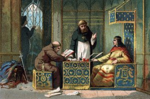 Childebert II, King of France in his castle of the Oise, surrounded by monks who share his work by French School