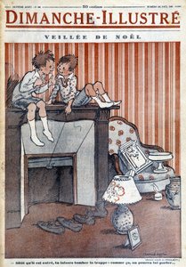 Children sitting on the chimney, trapping a trap at Father Christmas, for the Christmas 1930 newspaper 