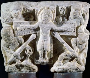 Christ on the Cross, relief on a capital of twin columns