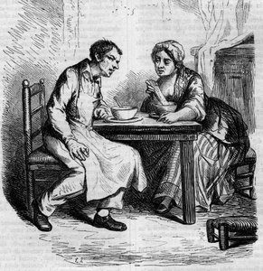 Christophe and the fat Sylvie: servants having breakfast. Engraving mid 19th century. Illustration for The Father Goriot by Honore de Balzac (1799-1850)