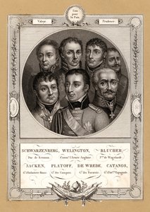 Coalition military commanders of the Napoleonic Wars: Fabian Gottlieb von der Osten-Sacken, Russian General of Infantry; Matvei Platov, Russian General in command of the Don Cossacks; Karl Philipp von Wrede, Bavarian General; Francisco Javier Castanos, Spa by French School