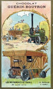 Collectors card from Chocolat Guerin-Boutron depicting a steam threshing machine by French School