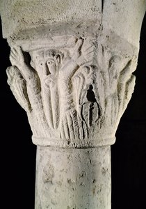 Column capital with a man with raised arms by French School