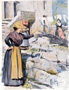 Corsican women in a village by French School