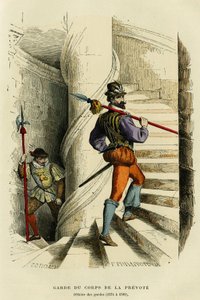 Costume of the bodyguard of the prévôt, followed by an officer of the guards (1574 to 1589). Colour engraving, in 